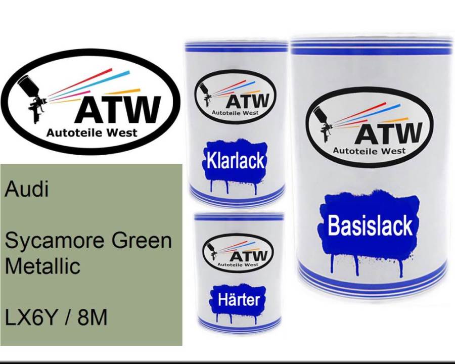 Audi, Sycamore Green Metallic, LX6Y / 8M: 500ml Lackdose + 500ml Klarlack + 250ml Härter - Set, von ATW Autoteile West.